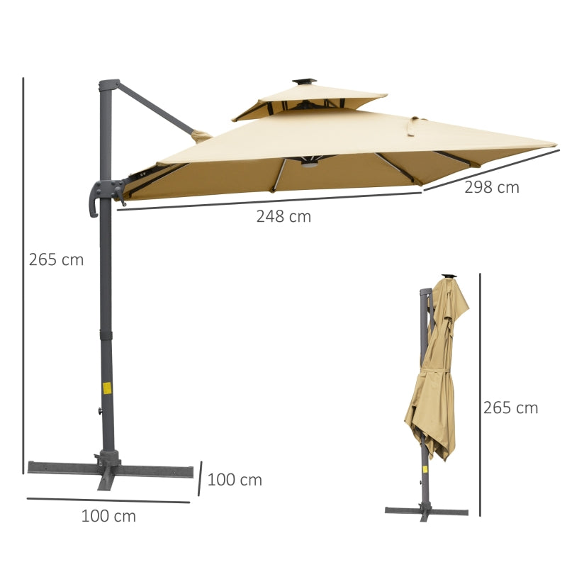 Outsunny 3m Cantilever Roma Parasol Adjustable Garden Sun Umbrella with Solar LED,  Tilt and Crank Handle, Cross Base for Lawn, Khaki