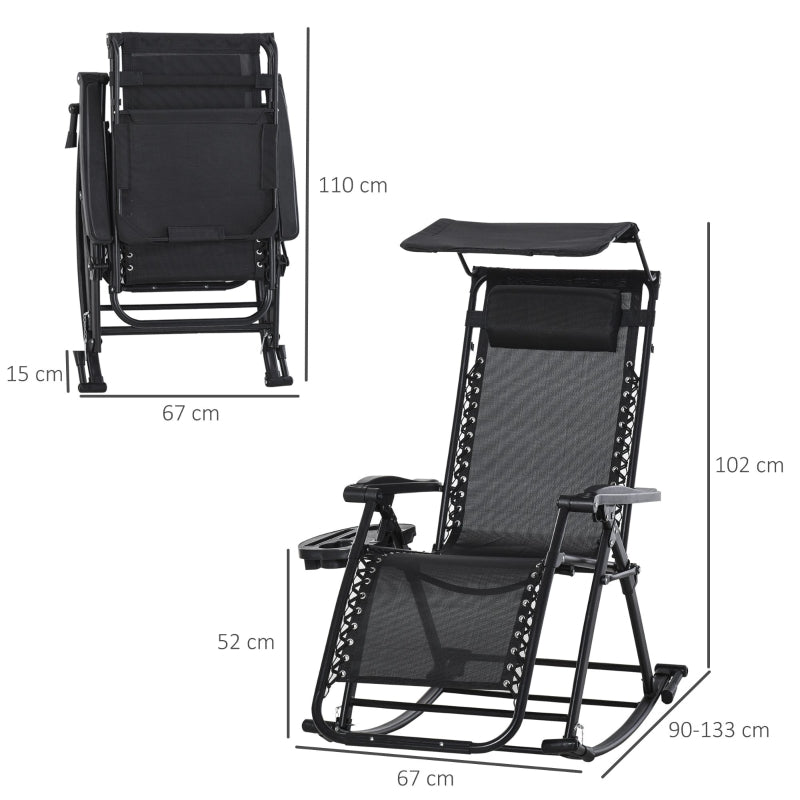 Outsunny Garden Rocking Chair Folding Recliner Outdoor Adjustable Sun Lounger Rocker Zero-Gravity Seat with Headrest Side Holder Patio Deck - Black