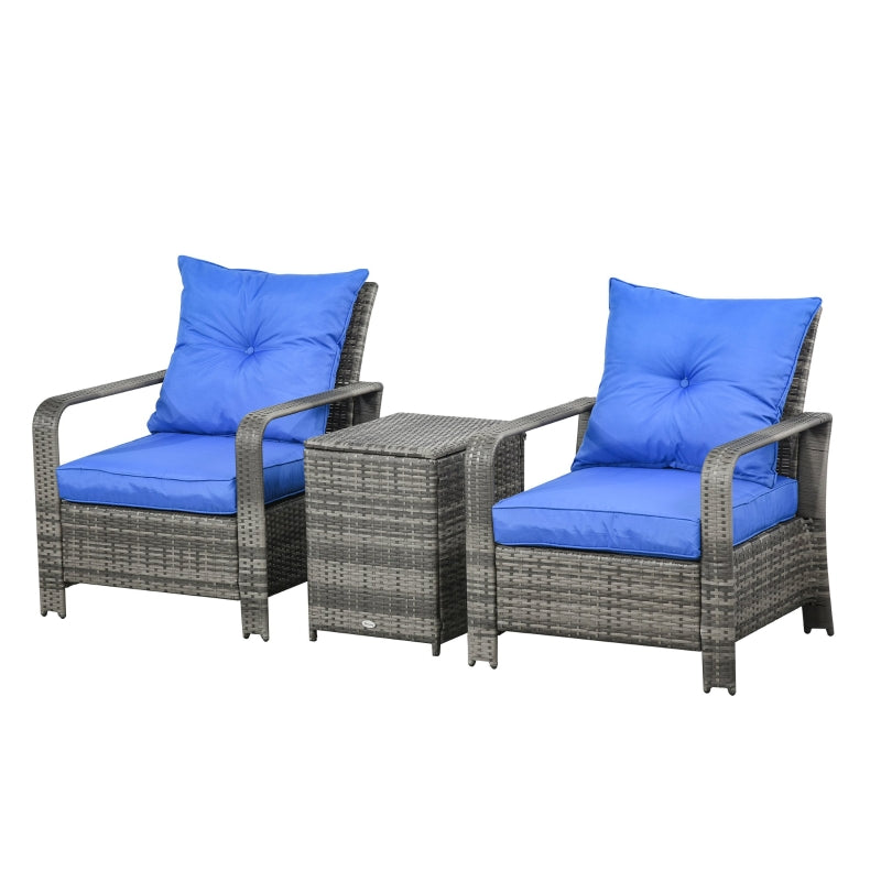 Outsunny 3 pcs PE Rattan Wicker Garden Furniture Patio Bistro Set Weave Conservatory Sofa Storage Table and Chairs Set Blue Cushion Grey Wicker