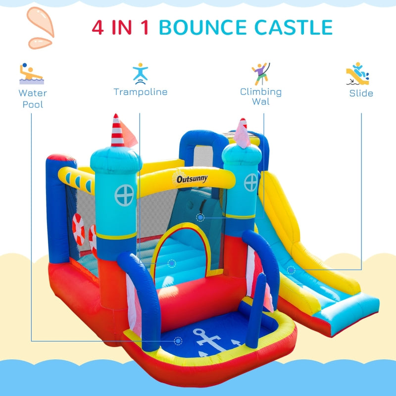 Outsunny 4 in 1 Kids Bounce Castle Large Sailboat Style Inflatable House Slide Trampoline Water Pool Climbing Wall for Kids Age 3-8, 2.65 x 2.6 x 2m