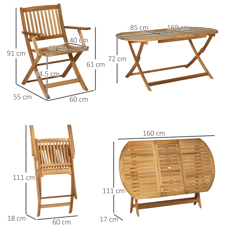 Outsunny 7 Piece Wooden Garden Dining Set with Umbrella Hole, Folding Dining Table and Armchairs with Parasol Hole, Teak