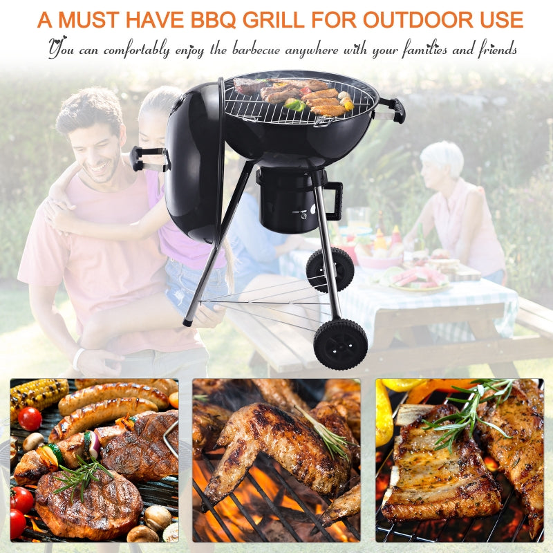 Outsunny Freestanding Charcoal Barbecue Grill Garden Portable BBQ Smoker w/ Wheels, Storage Shelves and On-body Thermometer, Black