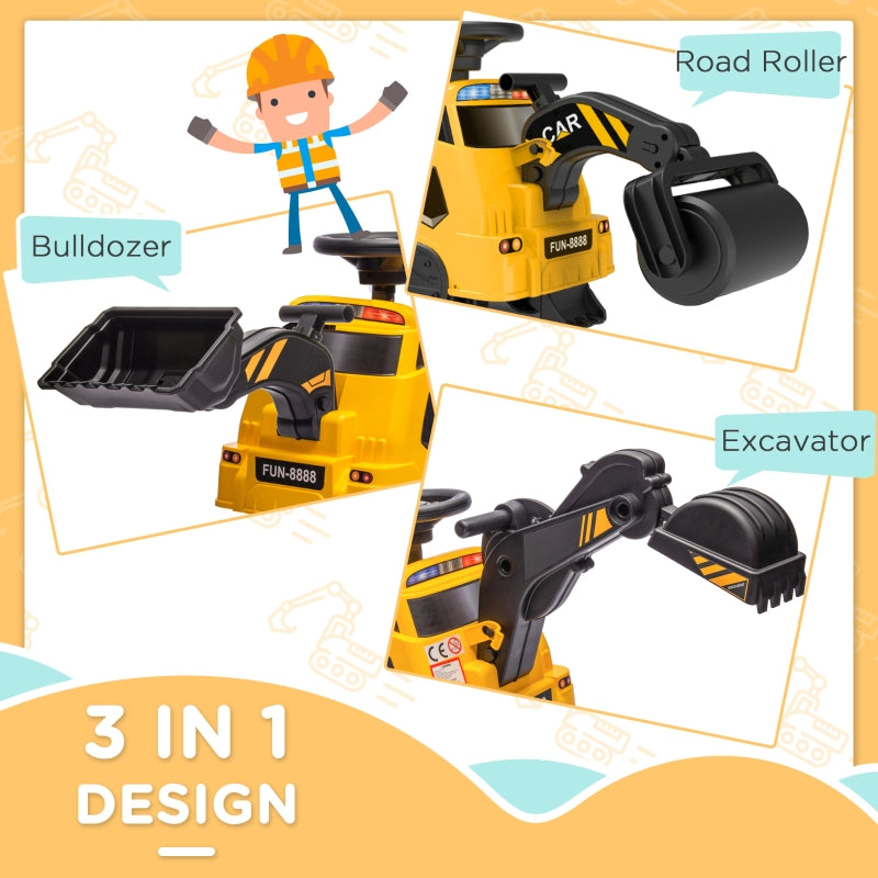 HOMCOM Ride on Tractor, 3 in 1 Ride on Excavator, Bulldozer, Road Roller, Pretend Play Construction No Power Truck with Music, for 18-48 Months - Yellow