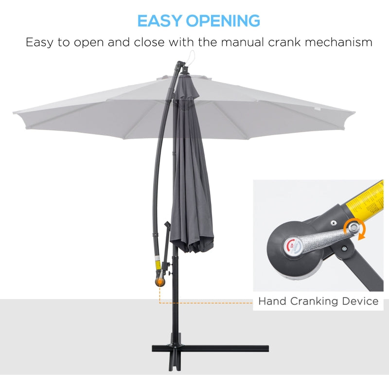 Outsunny 3(m) Garden Banana Parasol Cantilever Umbrella with Crank Handle and Cross Base, 8 Ribs for Outdoor, Hanging Sun Shade, Grey