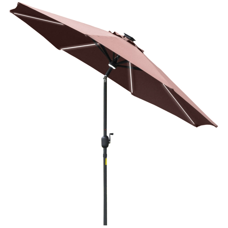 Outsunny 2.7m Garden Parasol Sun Umbrella Patio Summer Shelter w/ LED Solar Light, Angled Canopy, Vent, Crank Tilt, Coffee Brown