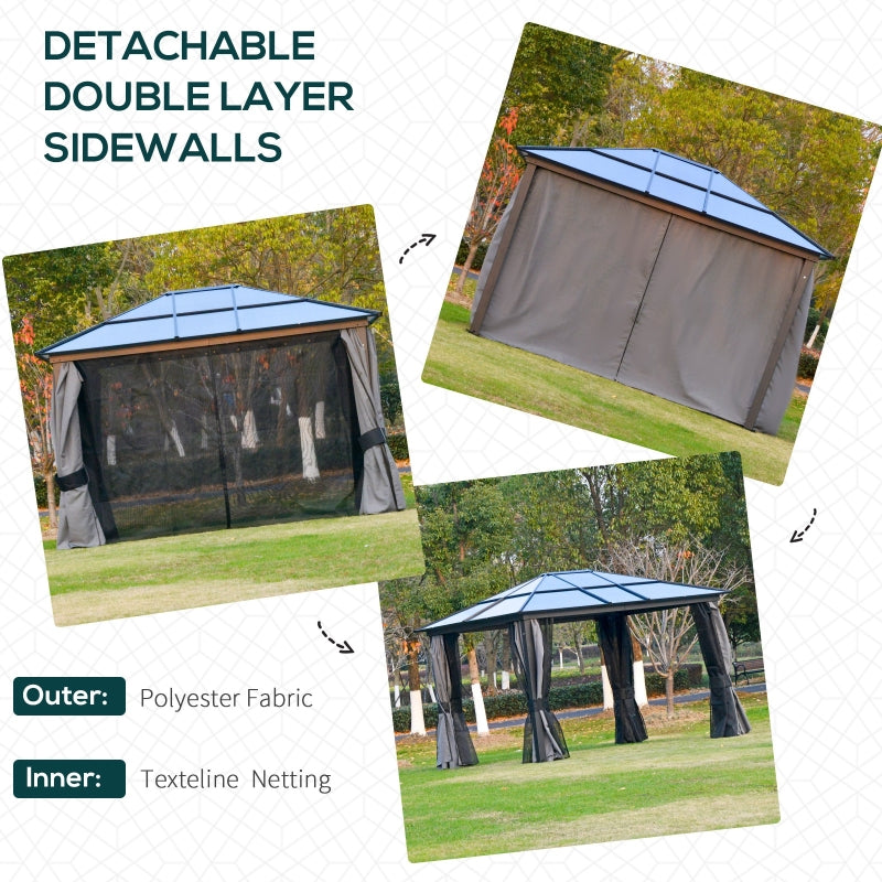 Outsunny 3.6 x 3(m) Hardtop Gazebo with UV Resistant Polycarbonate Roof & Aluminium Frame, Garden Pavilion with Mosquito Netting and Curtains