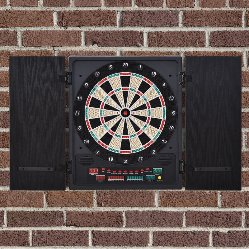 HOMCOM Electronic Dartboard In Case LED Scoreboard w/ 12 Darts 30 Heads Side Storage Cabinet Classic Game Family Fun Game Black White