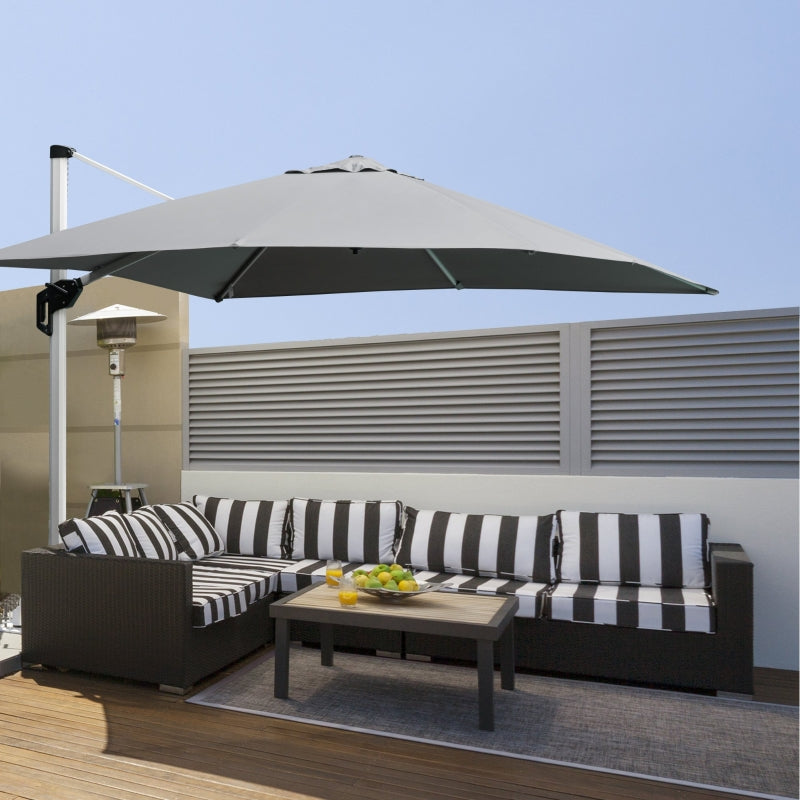 Outsunny 3 x 3(m) Square Cantilever Roma Parasol Garden Sun Umbrella Canopy Sun Shade Aluminium 360° Rotating & Cross Base, Light Grey Outdoor