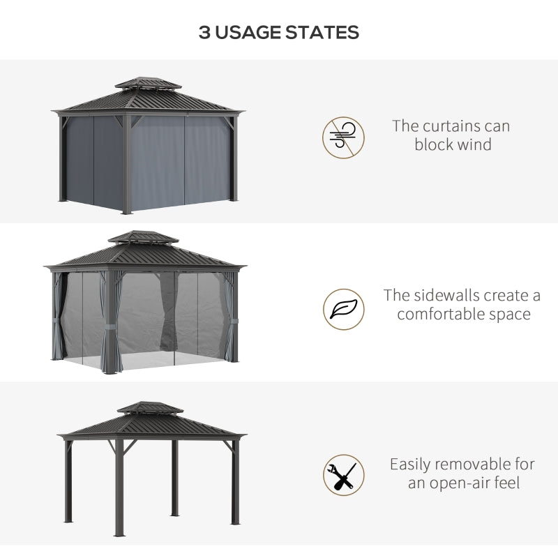 Outsunny 3.7 x 3(m) Outdoor Hardtop Gazebo Canopy Aluminum Frame with 2-Tier Roof & Mesh Netting Sidewalls for Patio, Grey