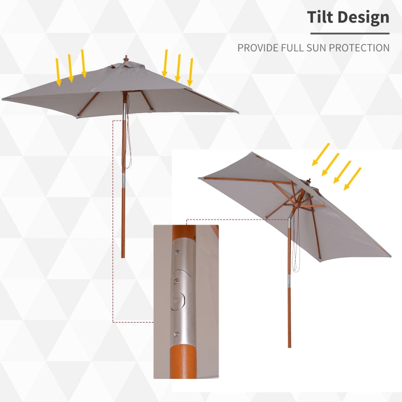 Outsunny 2m x 1.5m Patio Garden Parasol Sun Umbrella Sunshade Canopy Outdoor Backyard Furniture Fir Wooden Pole 6 Ribs Tilt Mechanism - Grey