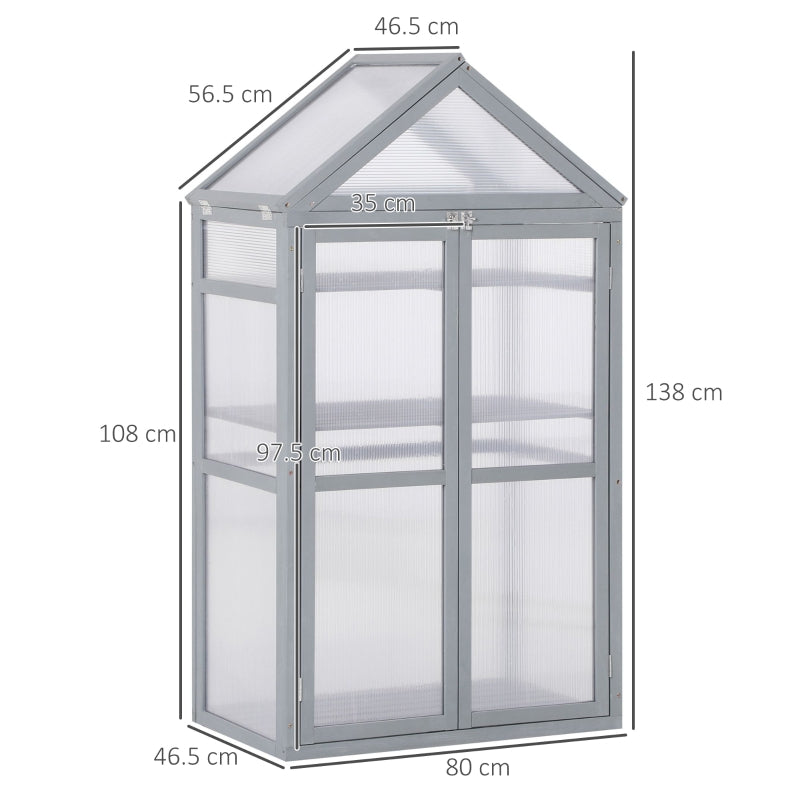 Outsunny 3-Tier Wooden Cold Frame Greenhouse Garden Polycarbonate Grow House w/ Adjustable Shelves, Double Doors, 80 x 47 x 138cm, Grey