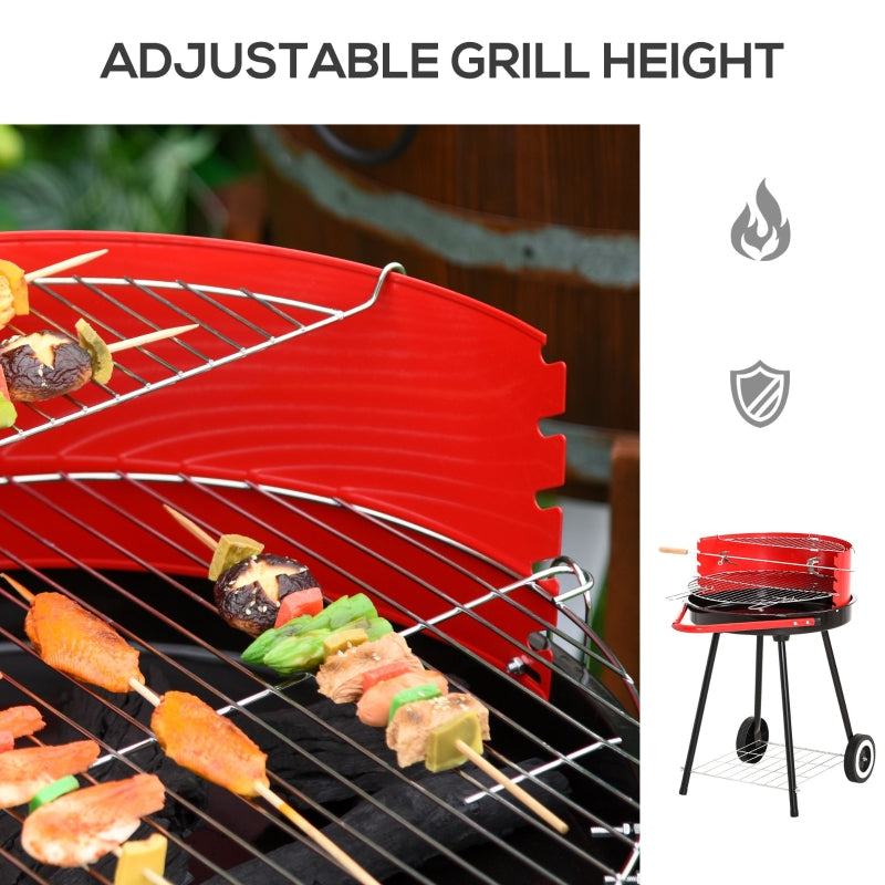 Outsunny Charcoal Barbecue Grill Garden BBQ Trolley w/ Adjustable Grill Pan Height, Wheels and 3 layers, Red