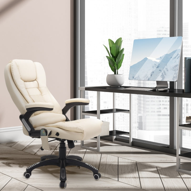 HOMCOM Executive Office Chair with Massage and Heat, High Back PU Leather Massage Office Chair With Tilt and Reclining Function, Beige