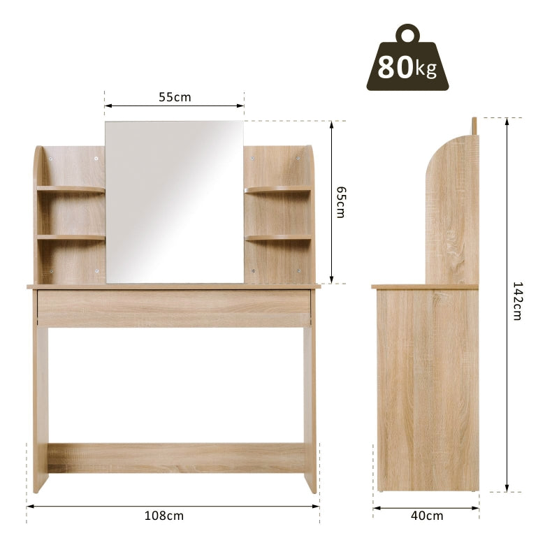 HOMCOM Particle Board Glass Mirror Dressing Table w/ Shelves Oak Tone