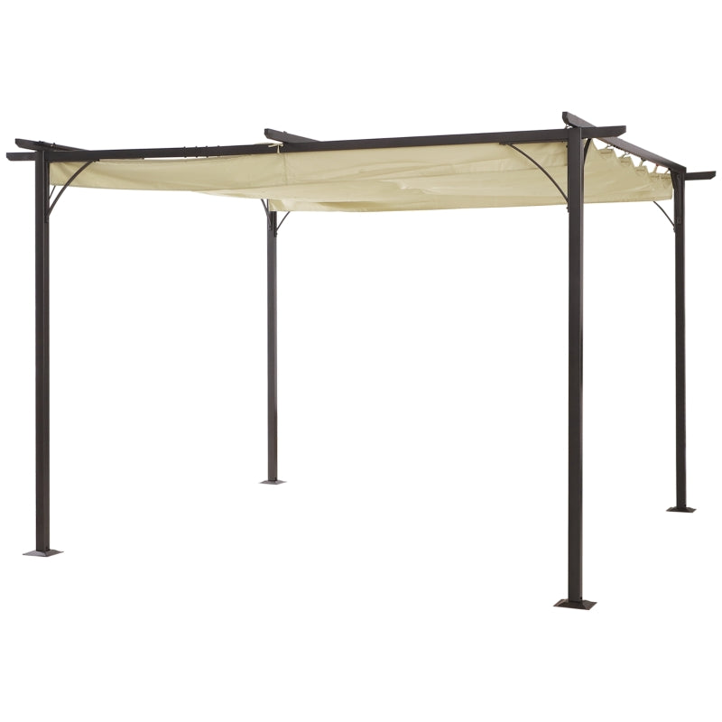 Outsunny 3.5M X 3.5M Metal Pergola Gazebo Awning Retractable Canopy Outdoor Garden Sun Shade Shelter Marquee Party BBQ, Beige