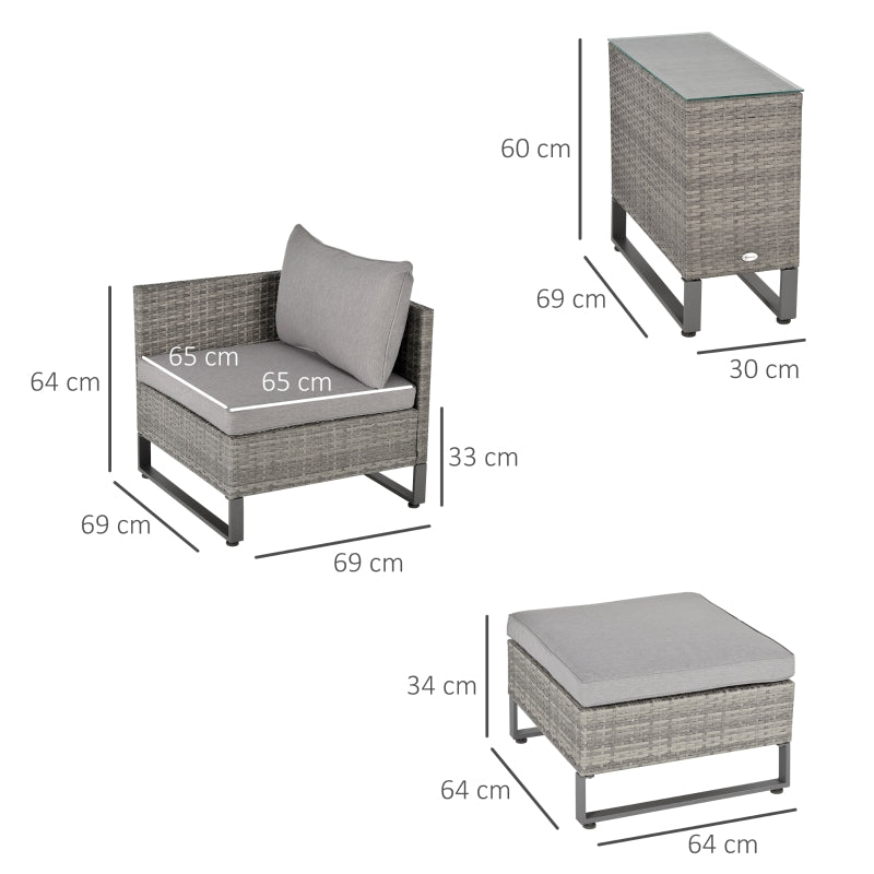 Outsunny 2 Seater Patio Rattan Wicker Sofa Set Chaise Lounge Double Sofa Bed Furniture w/ Coffee Table & Footstool for Patios, Garden, Backyard, Grey