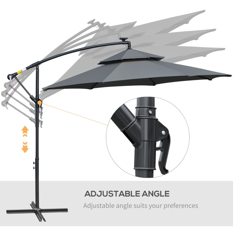 Outsunny 3(m) Cantilever Banana Parasol Hanging Umbrella with Double Roof, LED Solar lights, Crank, 8 Sturdy Ribs and Cross Base, Black