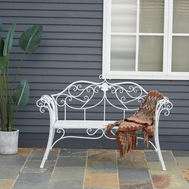 Outsunny Bench Garden Chair Outdoor Indoor Patio 2 Seater Loveseat Metal Furniture White