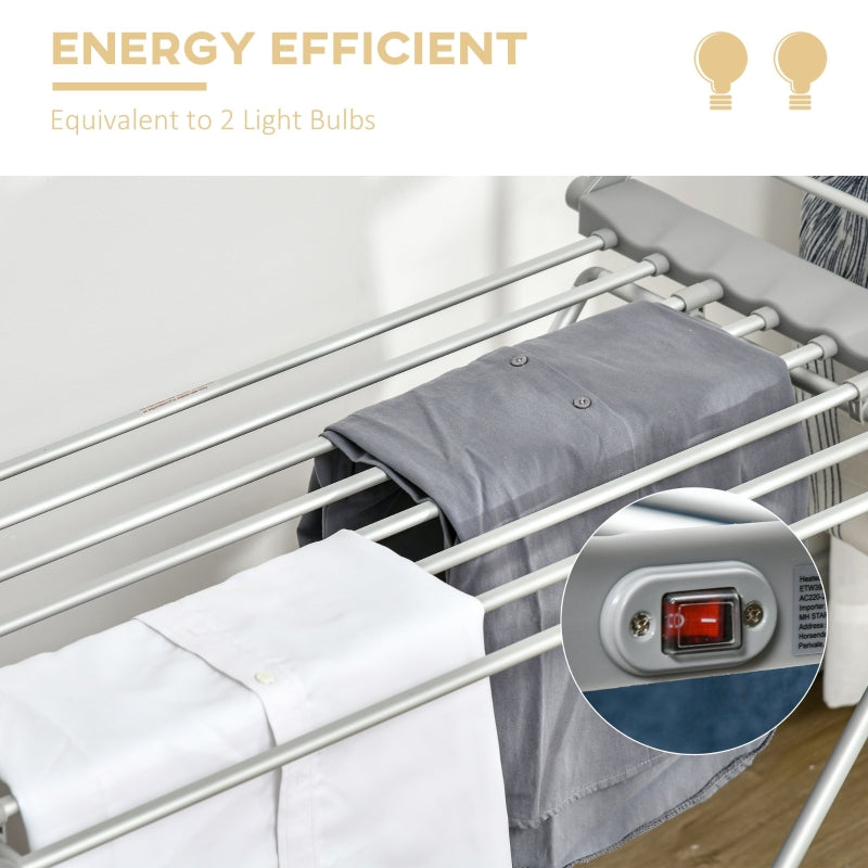 HOMCOM Electric Heated Clothes Dryer, Folding Energy-Efficient Indoor Airer with Extendable Wings, Laundry Drying Horse Rack, Silver