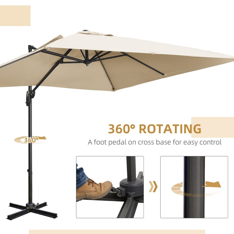 Outsunny 2.7 x 2.7 m Cantilever Parasol, Square Overhanging Umbrella with Cross Base, Crank Handle, Tilt, 360° Rotation, Aluminium Frame, Cream White