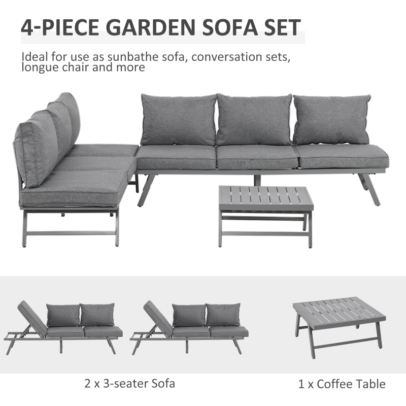 Outsunny 3 Pcs Garden Seating Set w/ Convertible Sofa Lounge Table Padded Cushions Outdoor Patio Furniture Couch Grey