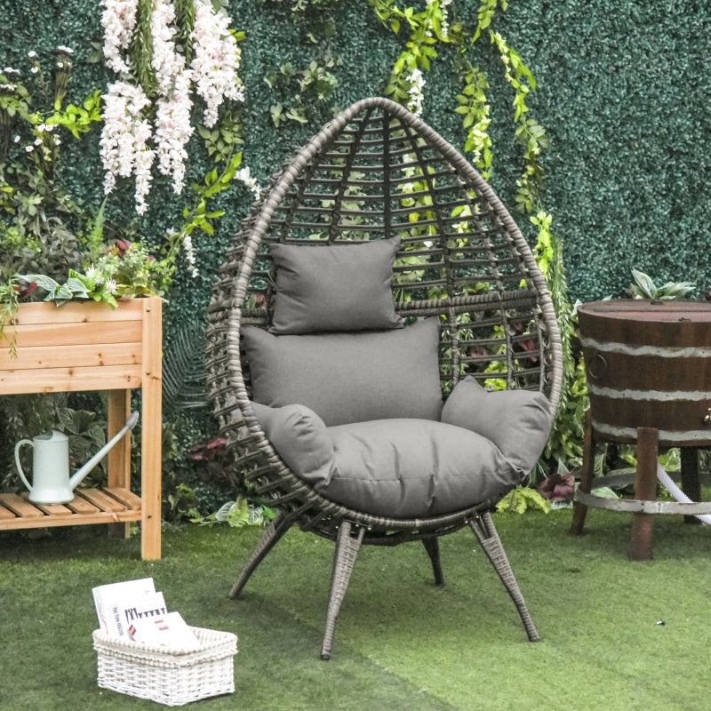 Outsunny Outdoor Indoor Rattan Egg Chair Wicker Weave Teardrop Chair with Cushion Grey