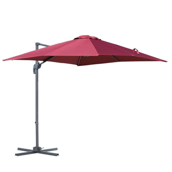 Outsunny 2.5 x 2.5m Cantilever Paraso Patio Offset l Umbrella Hanging Sun Shade Canopy Shelter 360° Rotation with Cross Base - Red