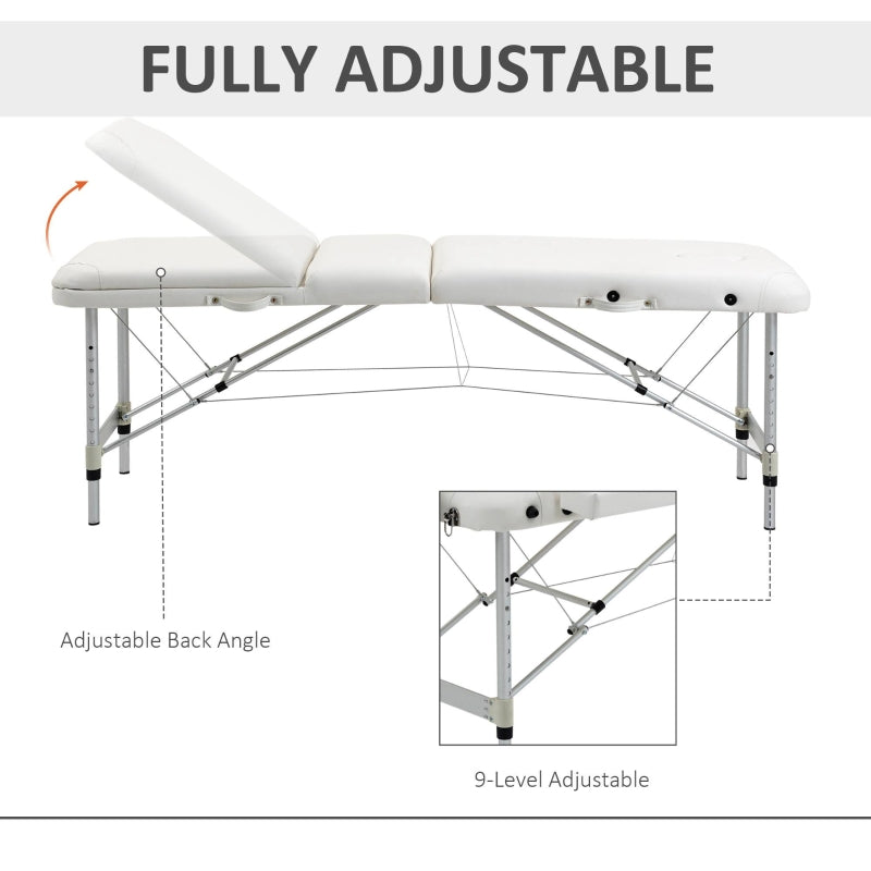 HOMCOM Folding PVC Leather Massage Table Aluminium Frame w/ Headrest Armrests Padding Handle Carry Bag Adjustable Height 3-Way Tri-Fold White