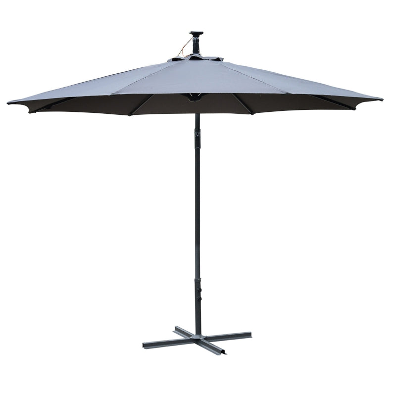 Outsunny 3(m) LED Banana Parasol Garden Cantilever Umbrella with Solar Lights, Crank Handle and Cross Base, Hanging Sun Shade, Grey