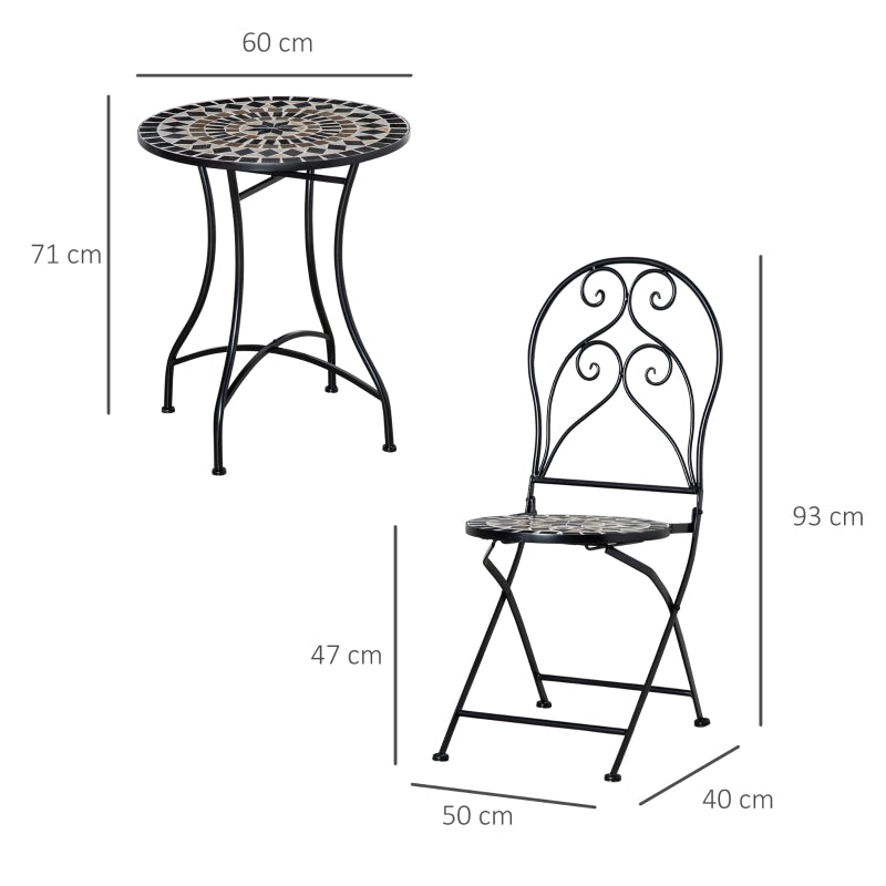 Outsunny 3 Piece Garden Outdoor Bistro Set with Coffee Table and 2 Folding Chairs, Mosaic Tile Top and Seats, Metal Frame, for Patio Balcony