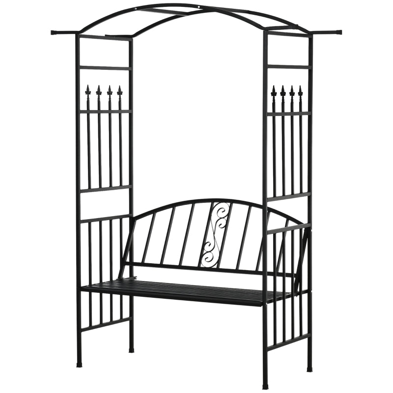 Outsunny Garden Metal Arch Arbour with Bench Love Seat Chair Outdoor Patio Rose Trellis Pergola Climbing Plant Archway Tubular- 154L x 60W x 205Hcm