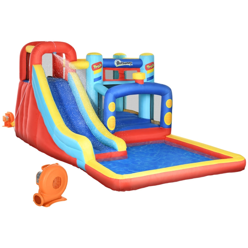 Outsunny 4 in 1 Bouncy Castle, with Slide, Pool, Trampoline, Climbing Wall, Blower - Multicoloured