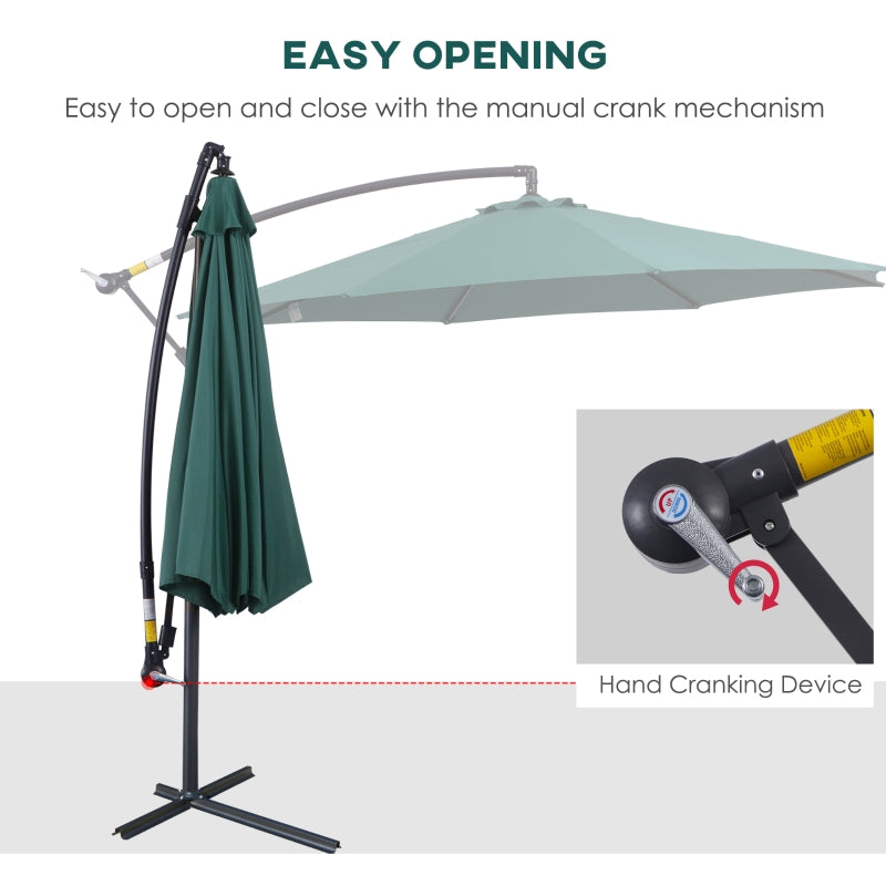 Outsunny 3(m) Banana Parasol Hanging Cantilever Umbrella with Crank Handle, 8 Ribs and Cross Base for Outdoor, Sun Shade, Dark Green