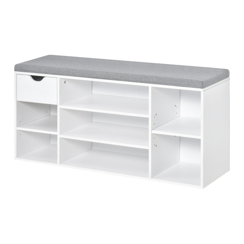 HOMCOM Shoe Bench with Seat Cushion Shoe Storage Cabinet with 7 Compartments Drawer Adjustable Shelves for Entryway Hallway Living Room White and Grey