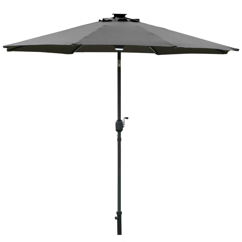 Outsunny 2.7m Garden Parasol Sun Umbrella Patio Summer Shelter w/ LED Solar Light, Angled Canopy Vent, Crank Tilt, Grey