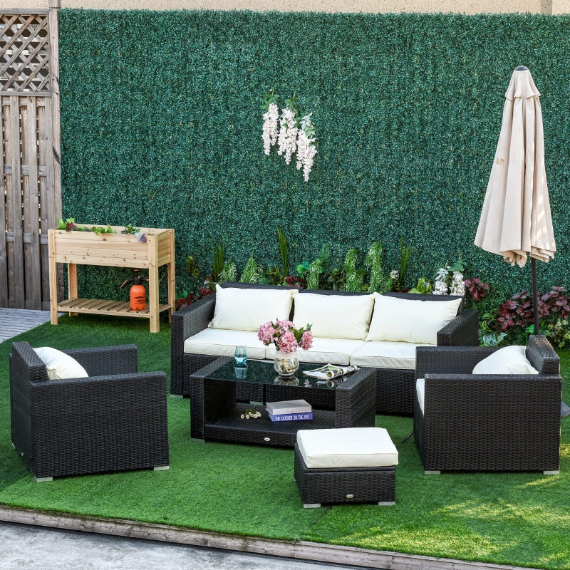 Outsunny 6-Seater Rattan Sofa Set Garden Furniture Outdoor Wicker Weave and Aluminium Frame Conservatory Table Chairs w/ Cushions, Dark Grey