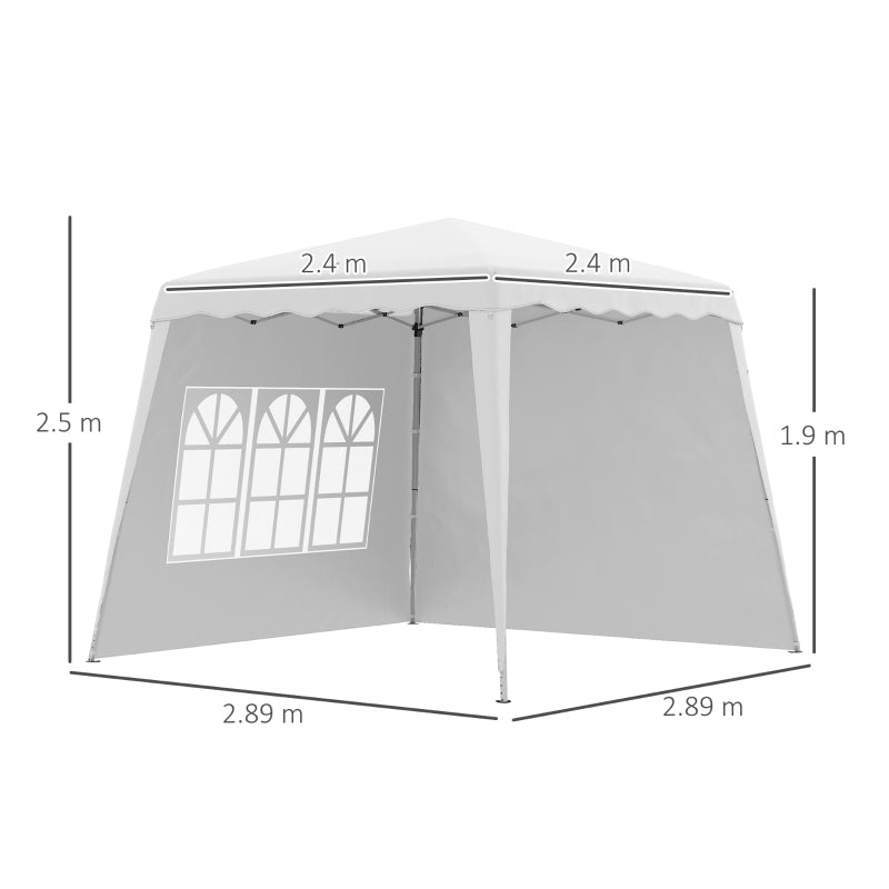 Outsunny 2.9 x 2.9m Pop Up Gazebo with 2 Sides, Slant Legs and Carry Bag, Height Adjustable UV50+ Party Tent Event Shelter for Garden, Patio, White