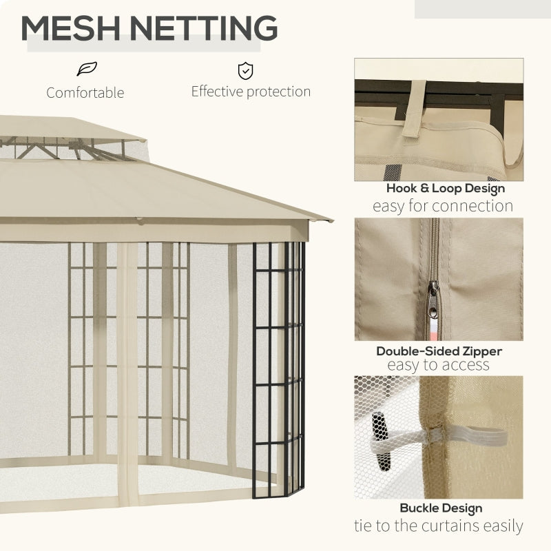 Outsunny 3.7 x 3(m) Patio Gazebo Canopy Garden Tent Shelter with 2 Tiers Roof and Mosquito Netting, Metal Frame, Beige