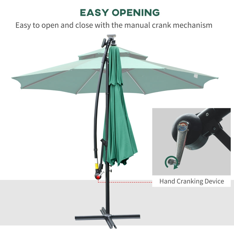 Outsunny 3(m) Cantilever Parasol Banana Hanging Umbrella with Double Roof, LED Solar lights, Crank, 8 Sturdy Ribs and Cross Base Green