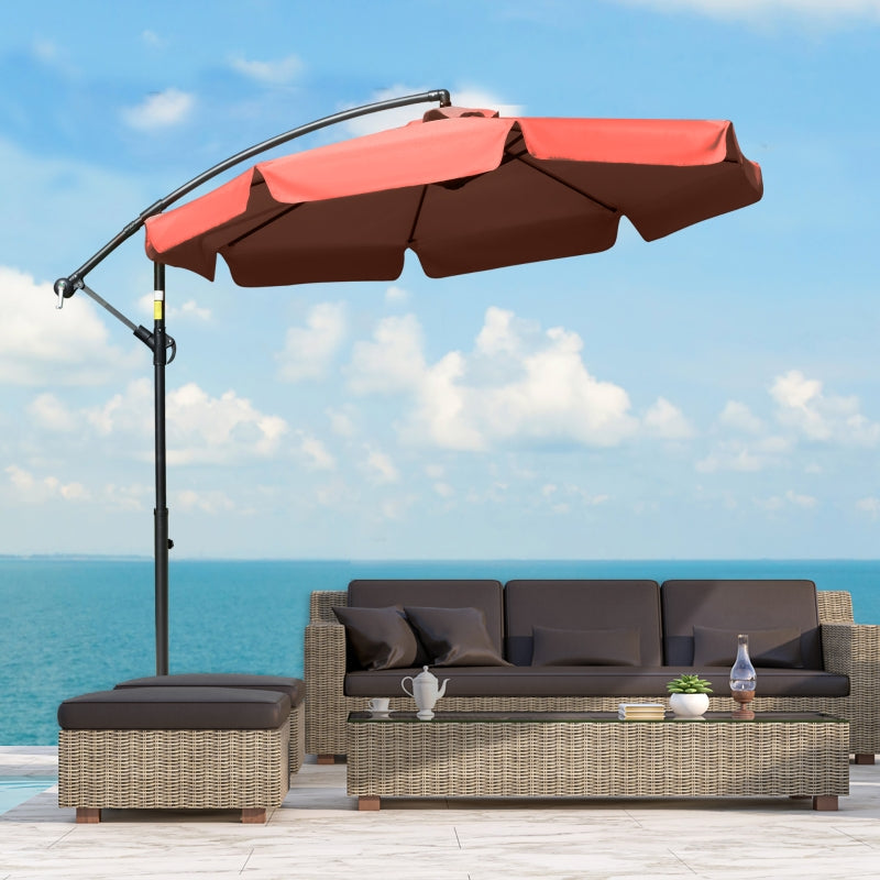 Outsunny 2.7m Garden Banana Parasol Cantilever Umbrella with Crank Handle and Cross Base for Outdoor, Hanging Sun Shade, Wine Red