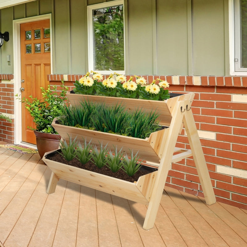 Outsunny 3 Tier Wooden Garden Raised Bed Vertical Plant Bed with Clapboard and Hooks, 120 x 68 x 80cm