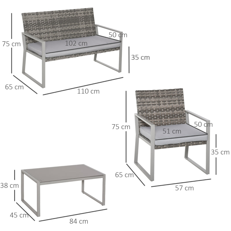 Outsunny 4-Seater Rattan Garden Furniture Set 2 Single Sofa Arm Chairs 1 Bench with Cushions & Coffee Table Patio Backyard Wicker Weave