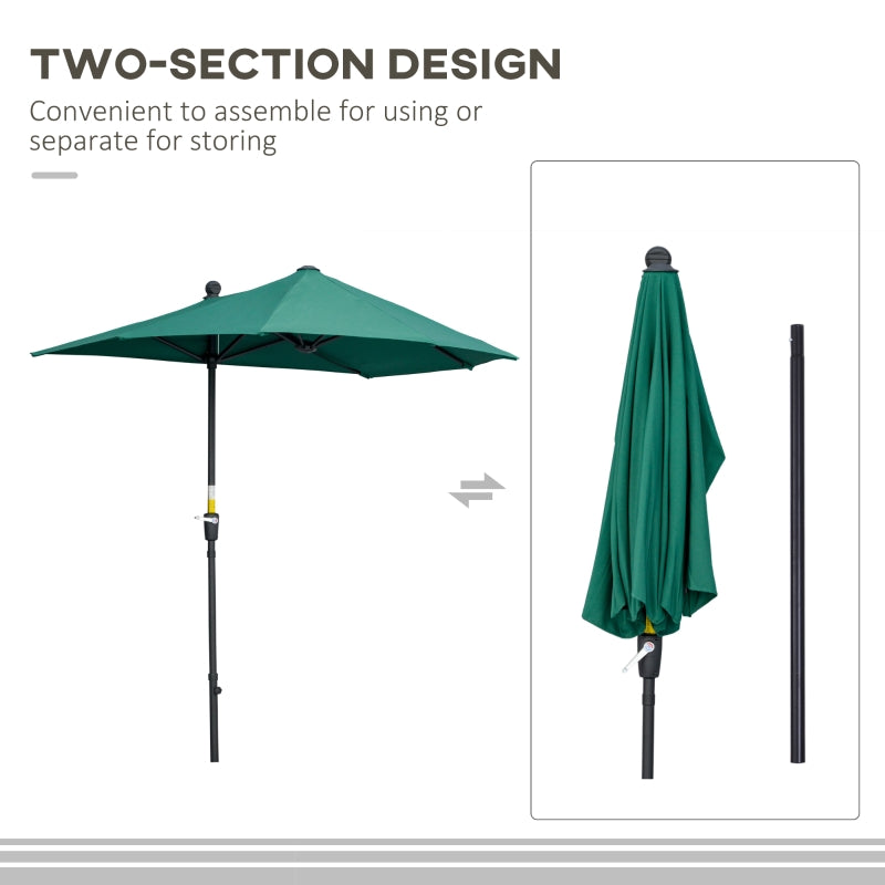 Outsunny 2m Half Parasol Market Umbrella Garden Balcony Parasol with Crank Handle, Cross Base, Double-Sided Canopy, Dark Green