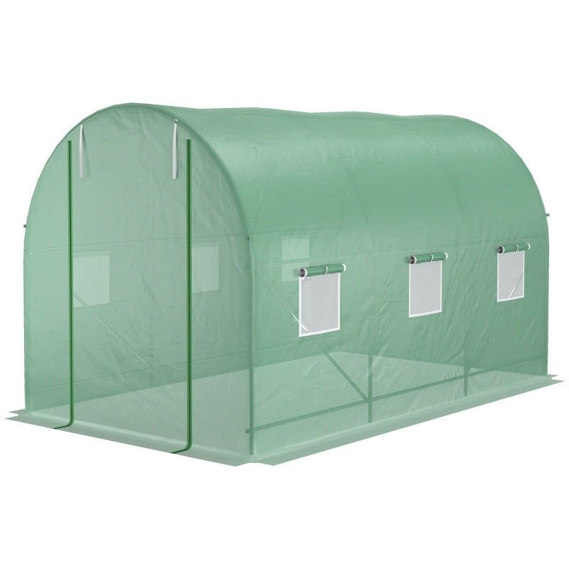 Outsunny 3.5 x 2 x 2 m Polytunnel Greenhouse, Walk in Pollytunnel Tent with Steel Frame, PE Cover, Roll Up Door and 6 Windows, Green