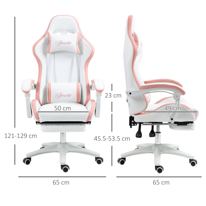 Vinsetto Racing Gaming Chair, Reclining PU Leather Computer Chair with 360 Degree Swivel Seat, Footrest, Removable Headrest White and Pink