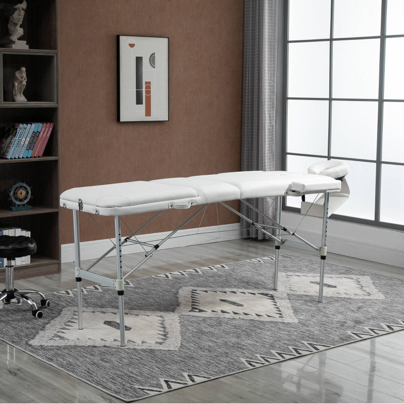 HOMCOM Folding PVC Leather Massage Table Aluminium Frame w/ Headrest Armrests Padding Handle Carry Bag Adjustable Height 3-Way Tri-Fold White