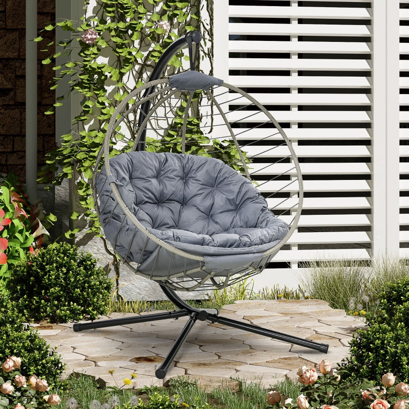 Outsunny PE Rattan Swing Chair, Outdoor Hanging Chair with Metal Stand, Thick Padded Cushion, Foldable Basket and Cup Holder, for Indoor Outdoor Grey