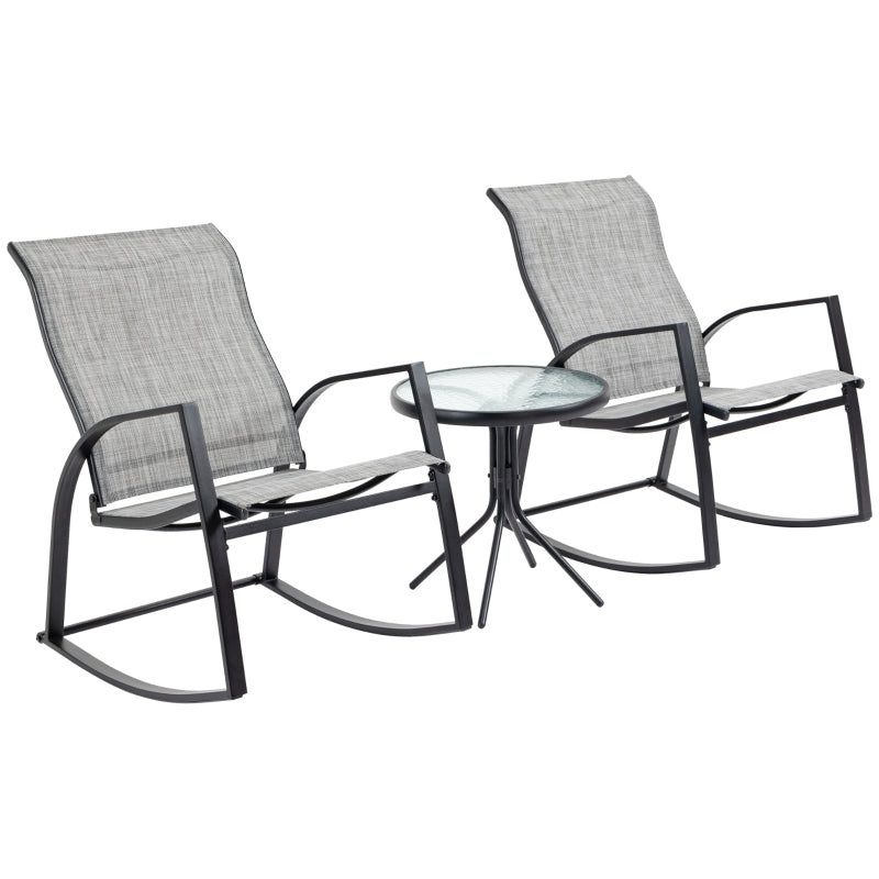 Outsunny 3 Pieces Outdoor Patio Bistro Set w/ 2 Rocking Chairs and Tempered Glass Table for Garden, Porch, Poolside, Grey