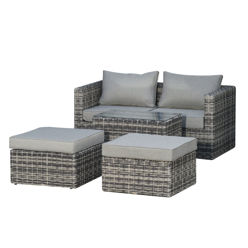 Outsunny 2 Seater Rattan Garden Furniture Set w/ Tall Glass-Top Table Aluminium Frame Balcony Sofa, Mixed Grey