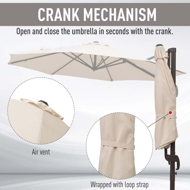 Outsunny 3M Banana Parasol Hanging Cantilever Umbrella W/ Cross Base Hand Crank Aluminium Frame 360°Rotation Hand Crank-Beige